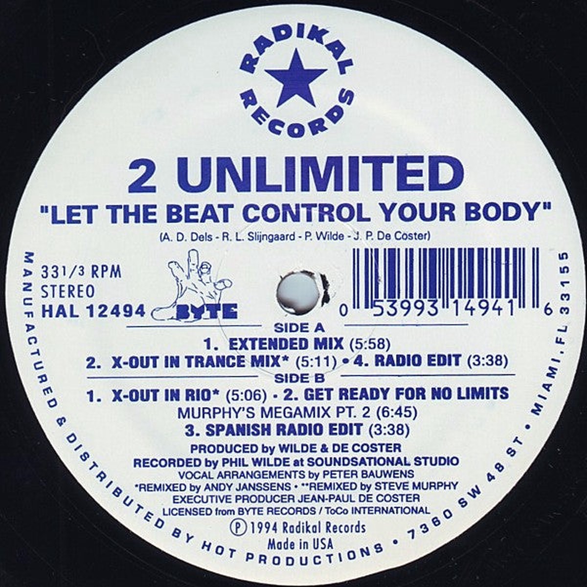 2 Unlimited - Let The Beat Control Your Body (12", Maxi)